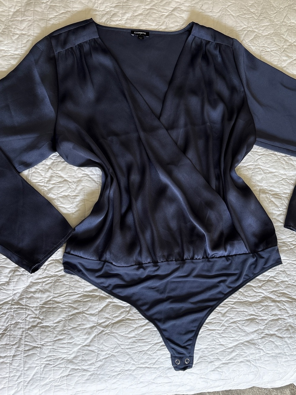 Express Navy Wrap-Front Satis Silk Surplice Bodysuit Size XL